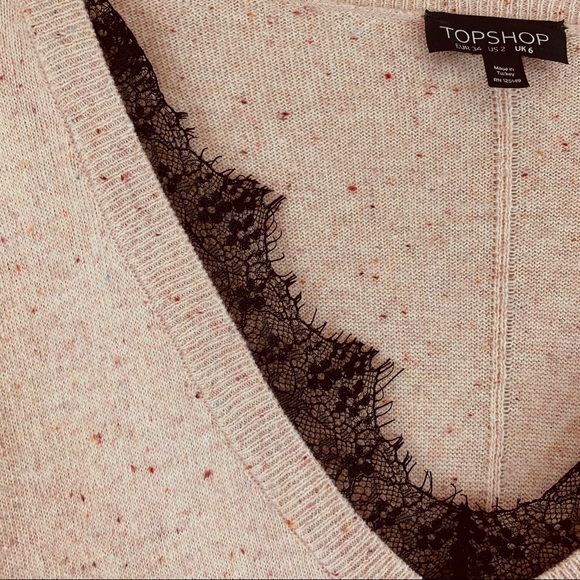 TOPSHOP Lace Trim Blush Speckled V-Neck Sweater - Picture 4 of 12